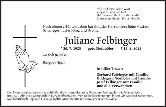 Traueranzeige von Juliane Felbinger von Ansbach