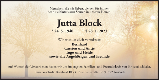 Traueranzeige von Jutta Block von Ansbach
