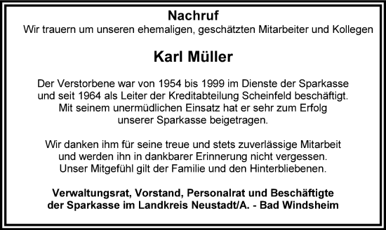 Traueranzeige von Karl Müller von Neustadt/ Scheinfeld/ Uffenheim