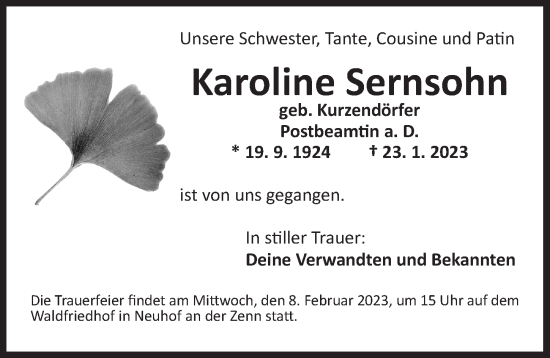 Traueranzeige von Karoline Sernsohn von Neustadt/ Scheinfeld/ Uffenheim