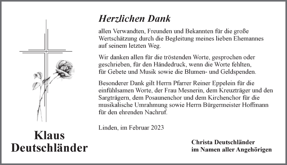  Traueranzeige für Klaus Deutschländer vom 25.02.2023 aus Neustadt/ Scheinfeld/ Uffenheim