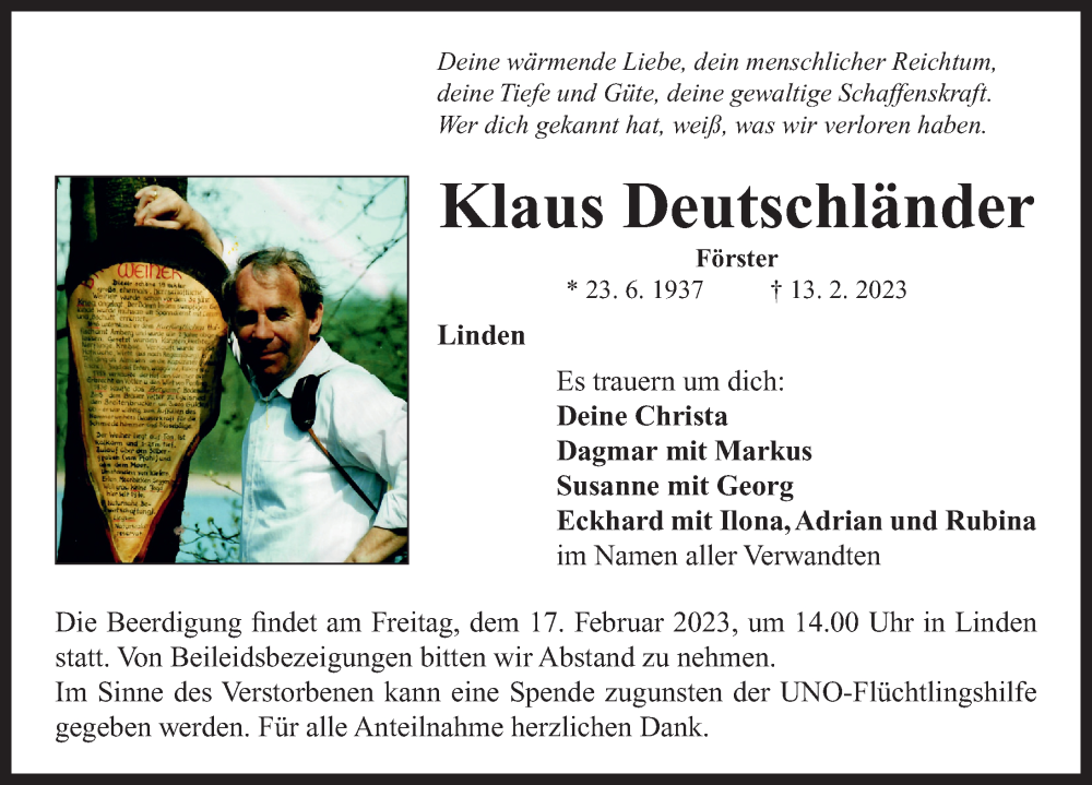  Traueranzeige für Klaus Deutschländer vom 16.02.2023 aus Neustadt/ Scheinfeld/ Uffenheim