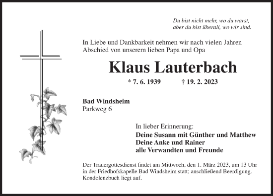 Traueranzeige von Klaus Lauterbach von Neustadt/ Scheinfeld/ Uffenheim