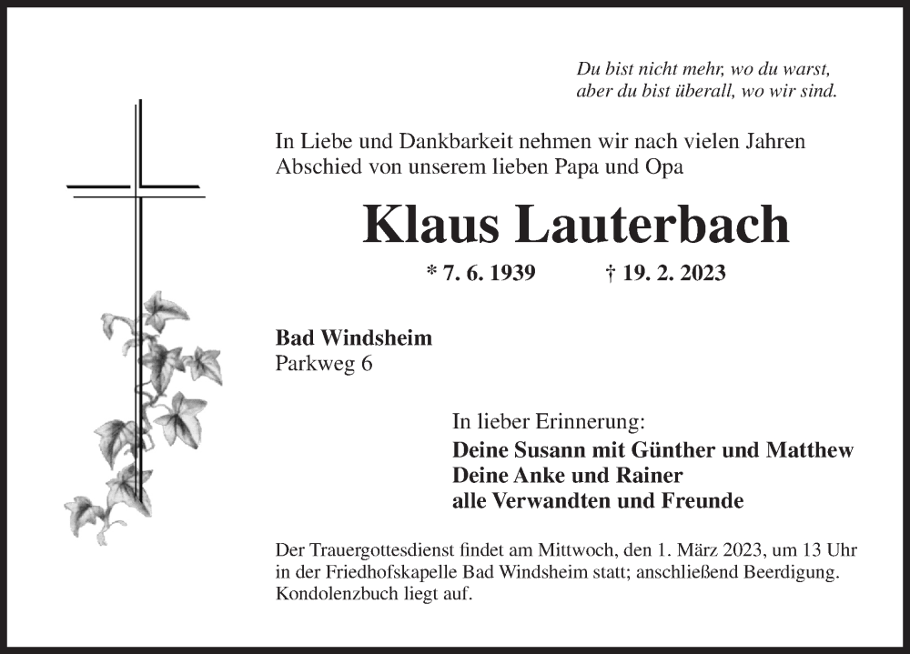  Traueranzeige für Klaus Lauterbach vom 25.02.2023 aus Neustadt/ Scheinfeld/ Uffenheim