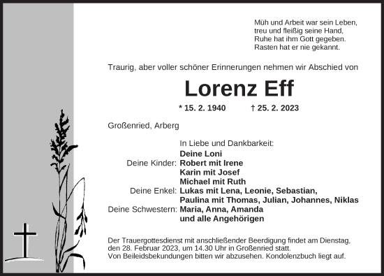 Traueranzeige von Lorenz Eff von Ansbach