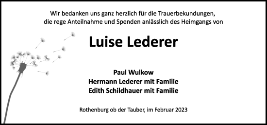 Traueranzeige von Luise Lederer von Rothenburg