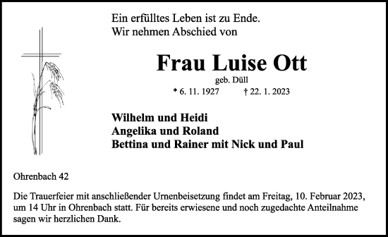 Traueranzeige von Luise Ott von Rothenburg