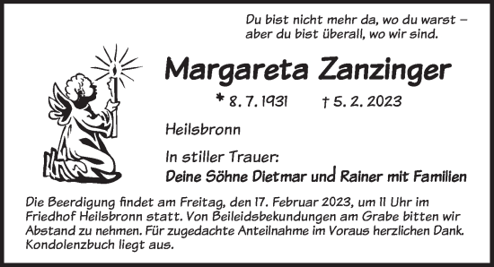 Traueranzeige von Margareta Zanzinger von Ansbach