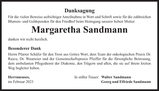 Traueranzeige von Margaretha Sandmann von Neustadt/ Scheinfeld/ Uffenheim