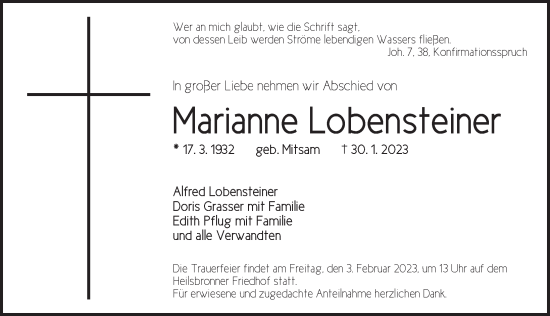 Traueranzeige von Marianne Lobensteiner von Ansbach