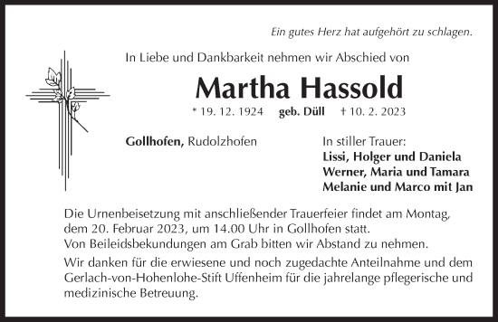 Traueranzeige von Martha Hassold von Neustadt/ Scheinfeld/ Uffenheim