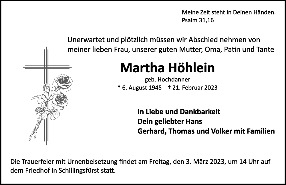  Traueranzeige für Martha Höhlein vom 28.02.2023 aus GE