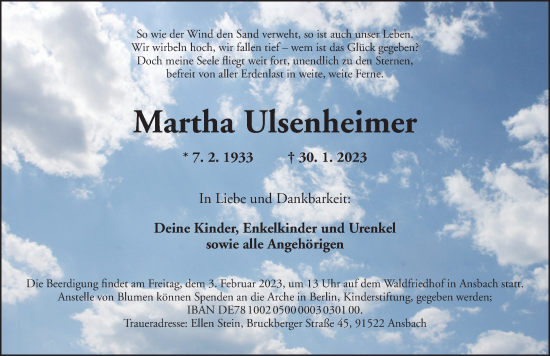 Traueranzeige von Martha Ulsenheimer von Ansbach