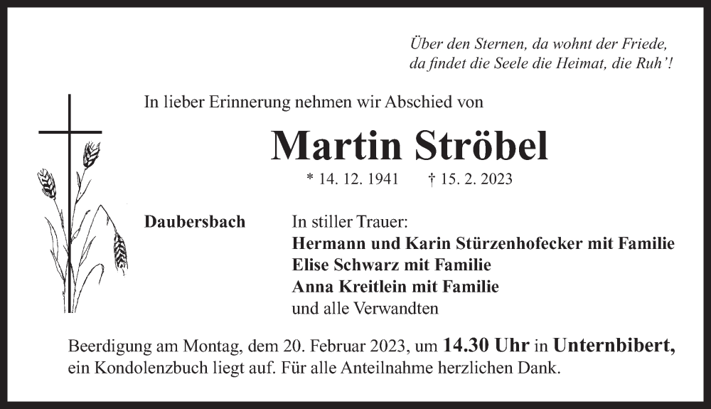  Traueranzeige für Martin Ströbel vom 17.02.2023 aus Ansbach