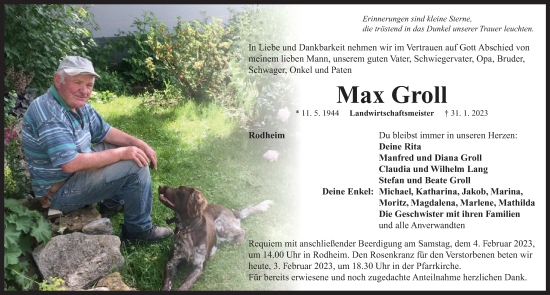 Traueranzeige von Max Groll von Neustadt/ Scheinfeld/ Uffenheim