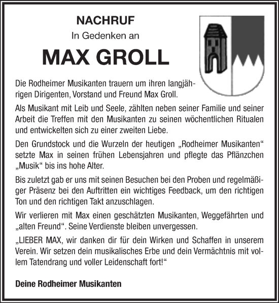 Traueranzeige von Max Groll von Neustadt/ Scheinfeld/ Uffenheim