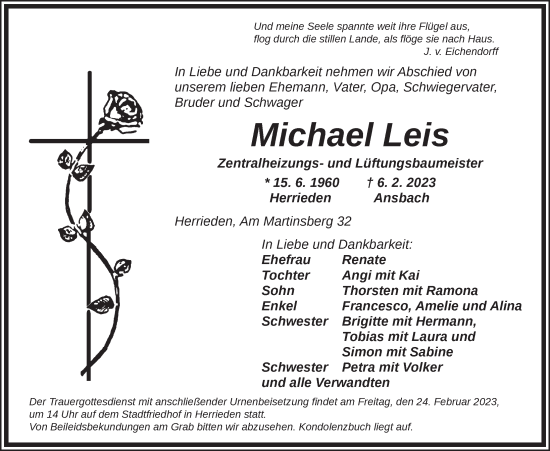 Traueranzeige von Michael Leis von Ansbach