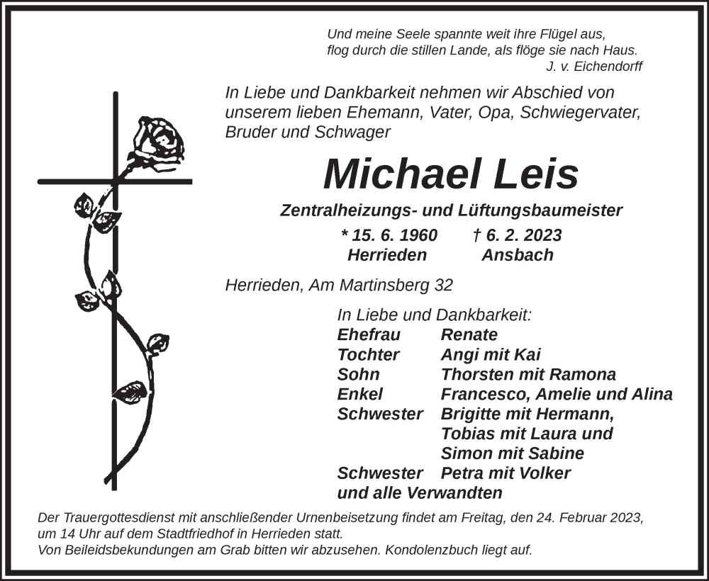  Traueranzeige für Michael Leis vom 17.02.2023 aus Ansbach