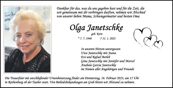 Traueranzeige von Olga Janetschke von Rothenburg