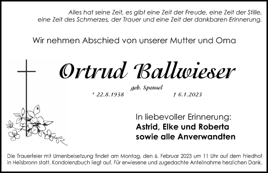 Traueranzeige von Ortrud Balllwieser von Ansbach