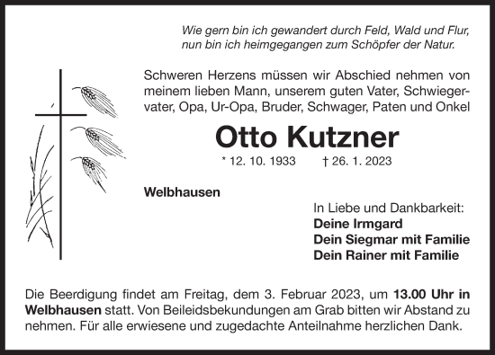 Traueranzeige von Otto Kutzner von Neustadt/ Scheinfeld/ Uffenheim