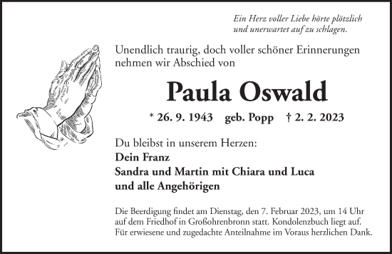 Traueranzeige von Paula Oswald von Dinkelsbühl/ Feuchtwangen