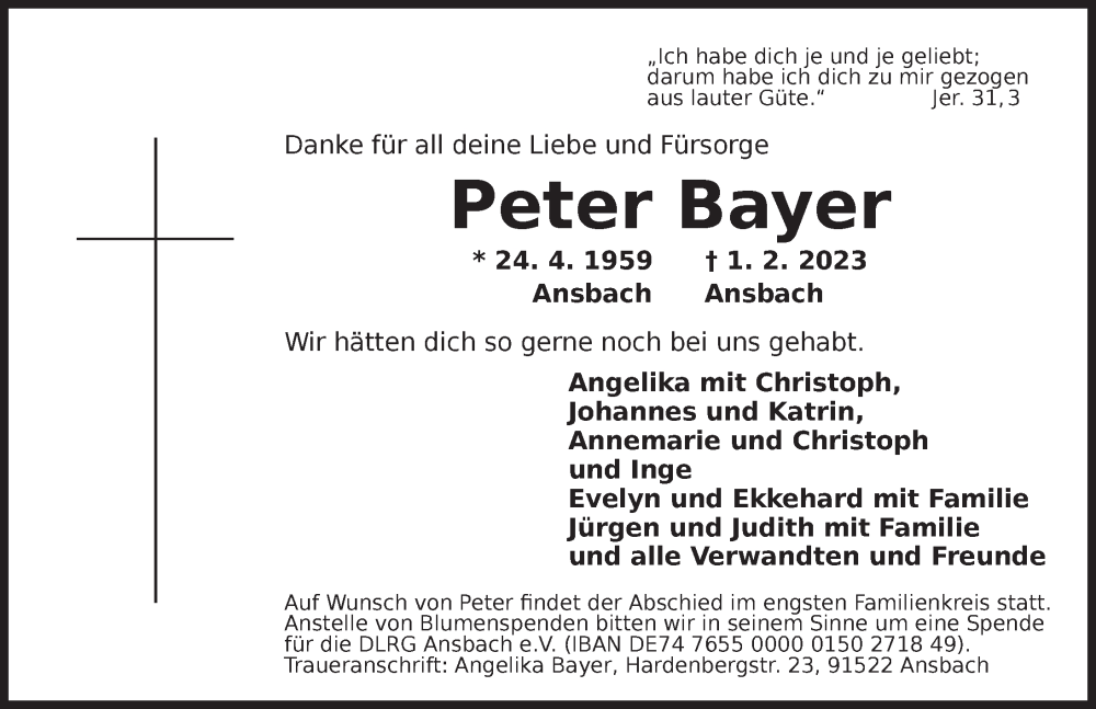  Traueranzeige für Peter Bayer vom 06.02.2023 aus Ansbach