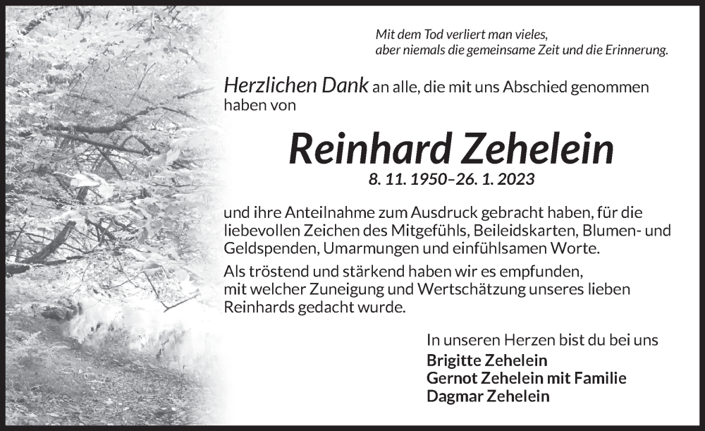  Traueranzeige für Reinhard Zehelein vom 11.02.2023 aus Neustadt/ Scheinfeld/ Uffenheim