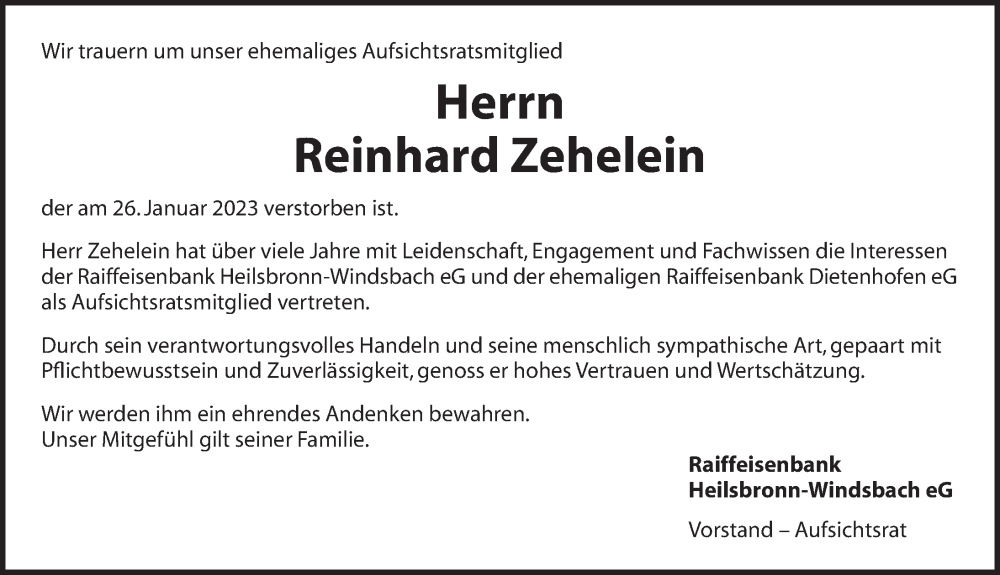  Traueranzeige für Reinhard Zehelein vom 01.02.2023 aus Ansbach