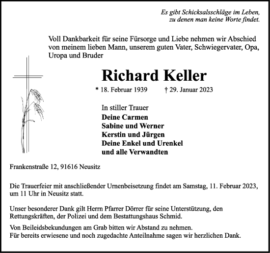 Traueranzeige von Richard Keller von Rothenburg