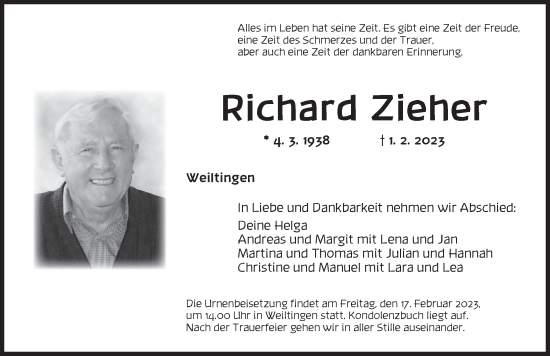 Traueranzeige von Richard Zieher von Dinkelsbühl/ Feuchtwangen