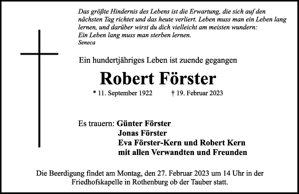  Traueranzeige für Robert Förster vom 23.02.2023 aus Rothenburg