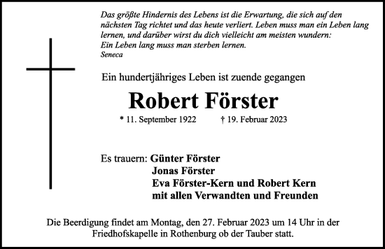 Traueranzeige von Robert Förster von Rothenburg