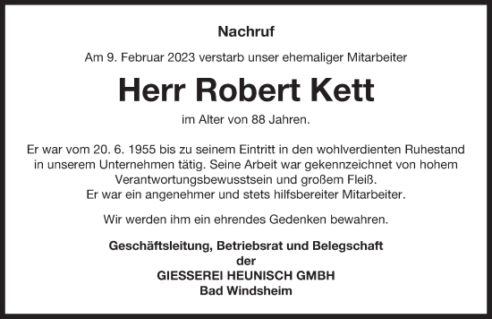 Traueranzeige von Robert Kett von Neustadt/ Scheinfeld/ Uffenheim