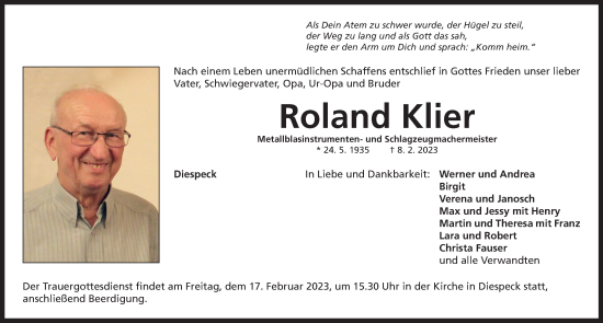 Traueranzeige von Roland Klier von Neustadt/ Scheinfeld/ Uffenheim