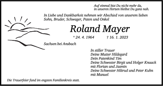 Traueranzeige von Roland Mayer von Ansbach