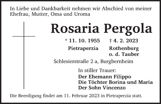 Traueranzeige von Rosaria Pergola von Neustadt/ Scheinfeld/ Uffenheim