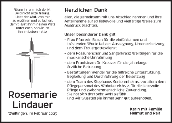 Traueranzeige von Rosemarie Lindauer von Dinkelsbühl/ Feuchtwangen