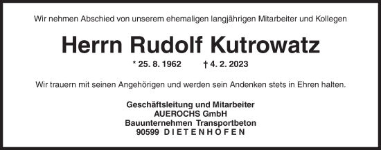 Traueranzeige von Rudolf Kutrowatz von Ansbach