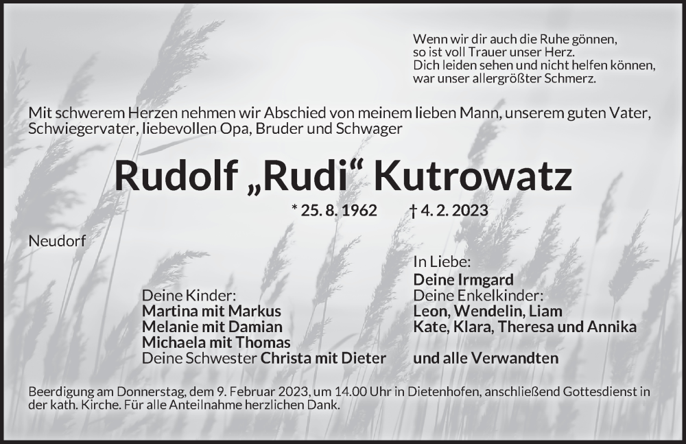  Traueranzeige für Rudolf Kutrowatz vom 07.02.2023 aus Ansbach