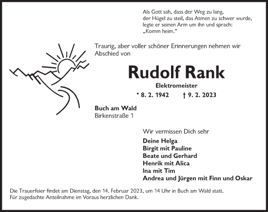 Traueranzeige von Rudolf Rank von Rothenburg