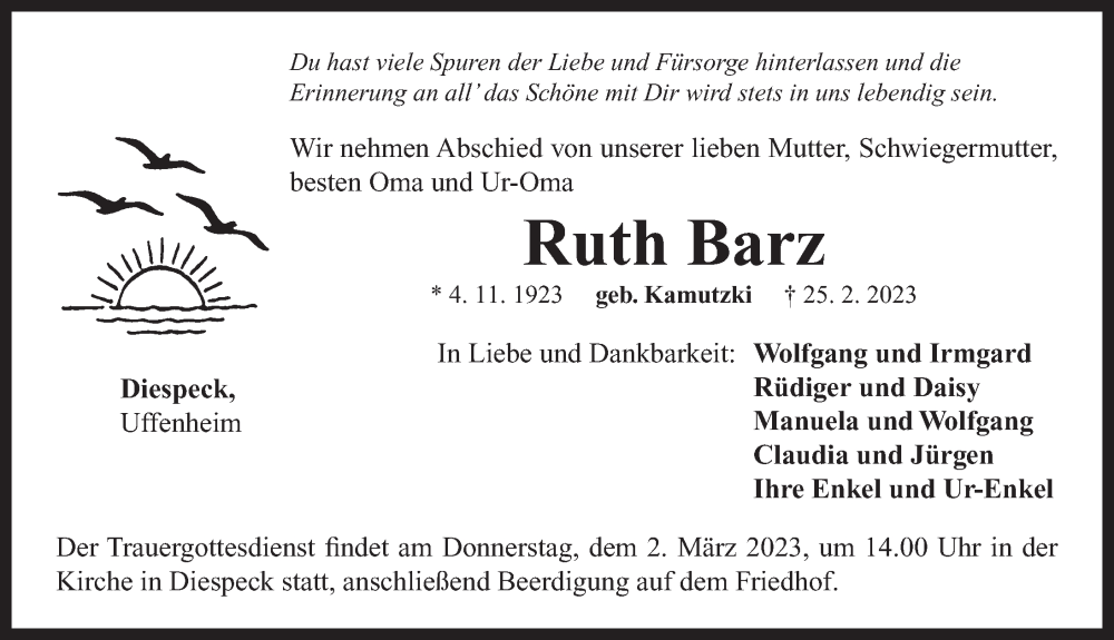  Traueranzeige für Ruth Barz vom 28.02.2023 aus Neustadt/ Scheinfeld/ Uffenheim