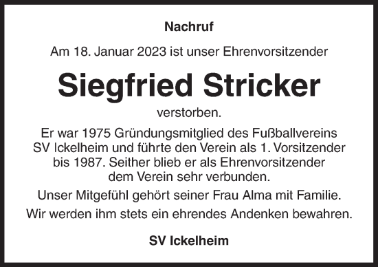 Traueranzeige von Siegfried Stricker von Neustadt/ Scheinfeld/ Uffenheim