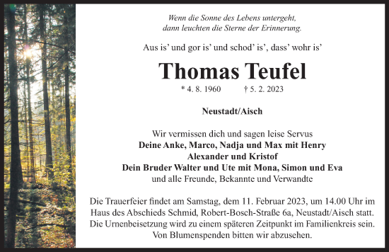 Traueranzeige von Thomas Teufel von Neustadt/ Scheinfeld/ Uffenheim