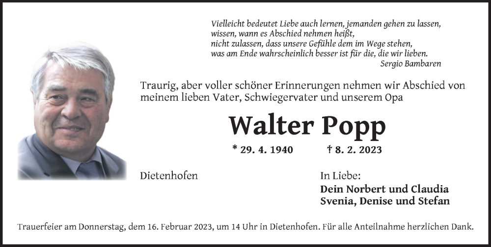  Traueranzeige für Walter Popp vom 11.02.2023 aus Ansbach