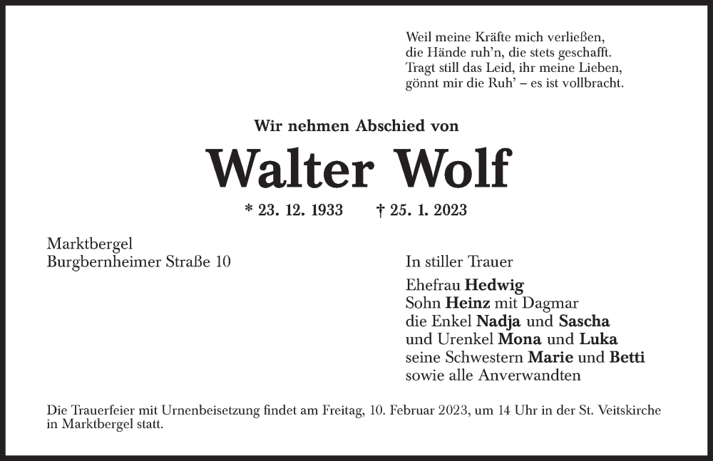  Traueranzeige für Walter Wolf vom 07.02.2023 aus Neustadt/ Scheinfeld/ Uffenheim