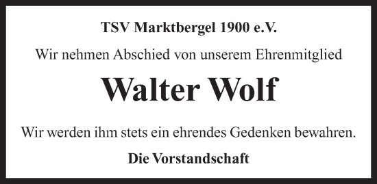 Traueranzeige von Walter Wolf von Neustadt/ Scheinfeld/ Uffenheim