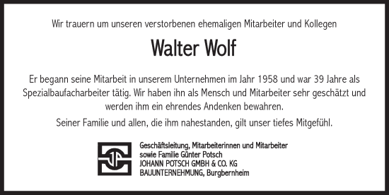 Traueranzeige von Walter Wolf von Neustadt/ Scheinfeld/ Uffenheim