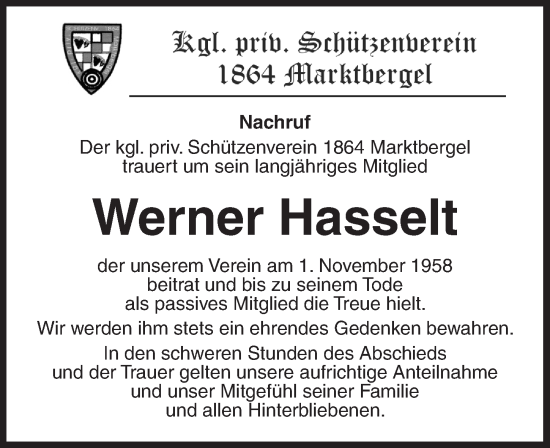 Traueranzeige von Werner Hasselt von Neustadt/ Scheinfeld/ Uffenheim