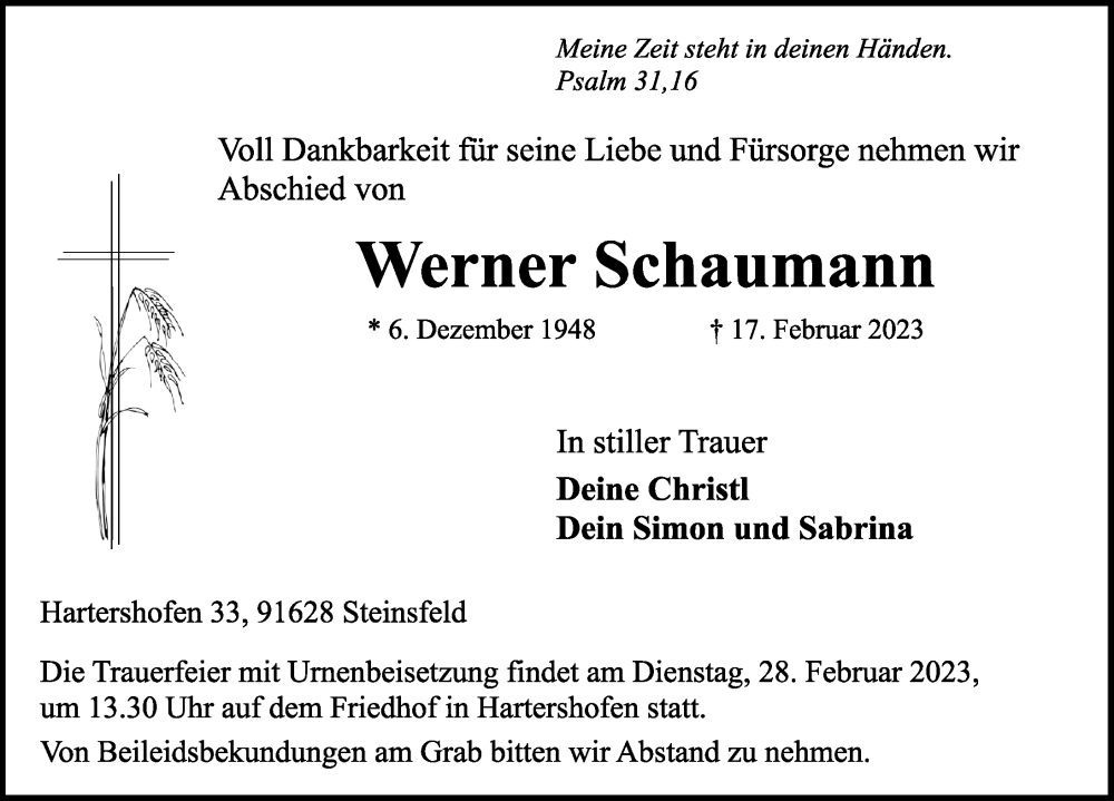  Traueranzeige für Werner Schaumann vom 25.02.2023 aus Rothenburg